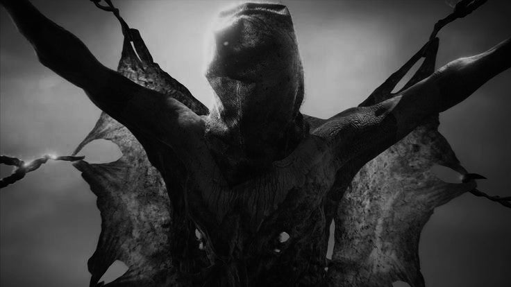 Dramatische Schwarz-Weiß-Darstellung eines gefesselten Menschen mit ausgebreiteten Armen, inspiriert von der Wikinger-Legende des Blut-Adlers.