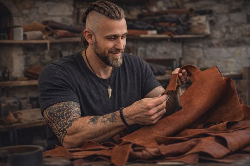Lederhandwerker bearbeitet hochwertiges Echtleder in der Werkstatt – handgefertigte Lederware