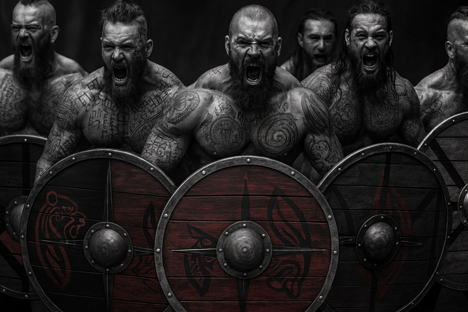 Tätowierte Wikinger stehen im Schildwall, schreien kampfbereit und halten ihre handbemalten Schilde mit nordischen Symbolen wie Wolf und Drache vor sich. Die Szene zeigt rohe Kraft, Zusammenhalt und Entschlossenheit im typischen NORDSKULLS-Stil.