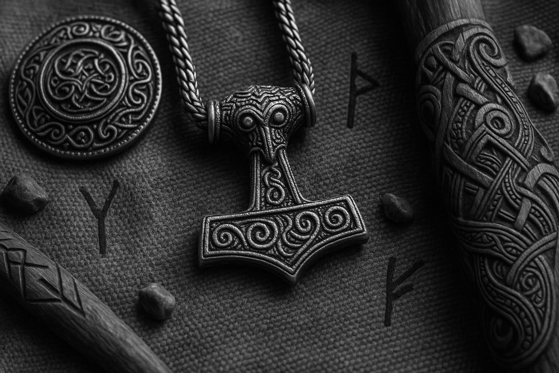 Wikinger Runen Schmuck – Thorshammer Amulett und Symbole in Schwarz-Weiß. Jetzt bei NORDSKULLS kaufen.