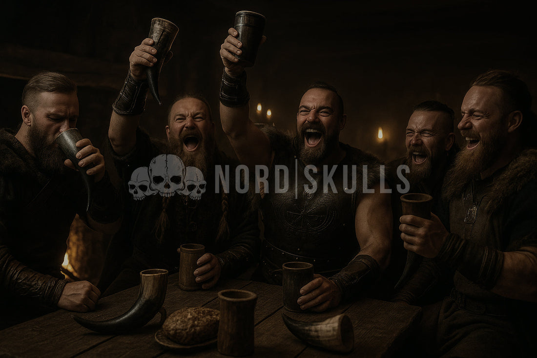 Wikinger feiern in einer Taverne mit Bierkrügen – Symbolbild für nordische Kultur und Viking-Schmuck bei NORDSKULLS