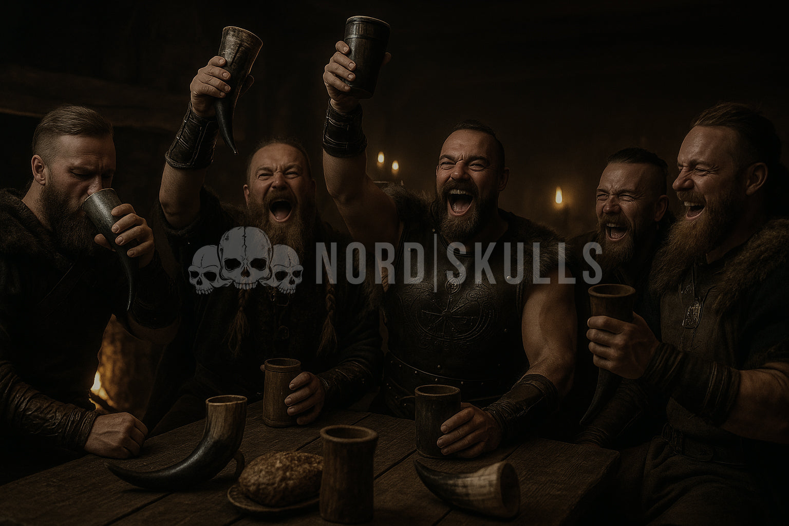 Wikinger feiern in einer Taverne mit Bierkrügen – Symbolbild für nordische Kultur und Viking-Schmuck bei NORDSKULLS