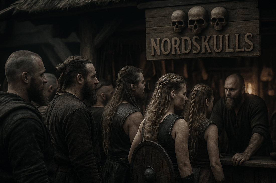 Wikinger-Shop im historischen Dorf – Nordskulls-Holzschild mit drei Totenschädeln über dem Eingang, Wikinger und Schildmaiden stehen in Schlange am Tresen | NORDSKULLS