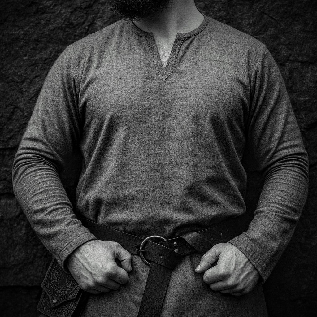 Mann in Wikinger-Tunika mit Ledergürtel – authentische Wikinger-Bekleidung für Reenactment, Mittelalter & LARP | NORDSKULLS