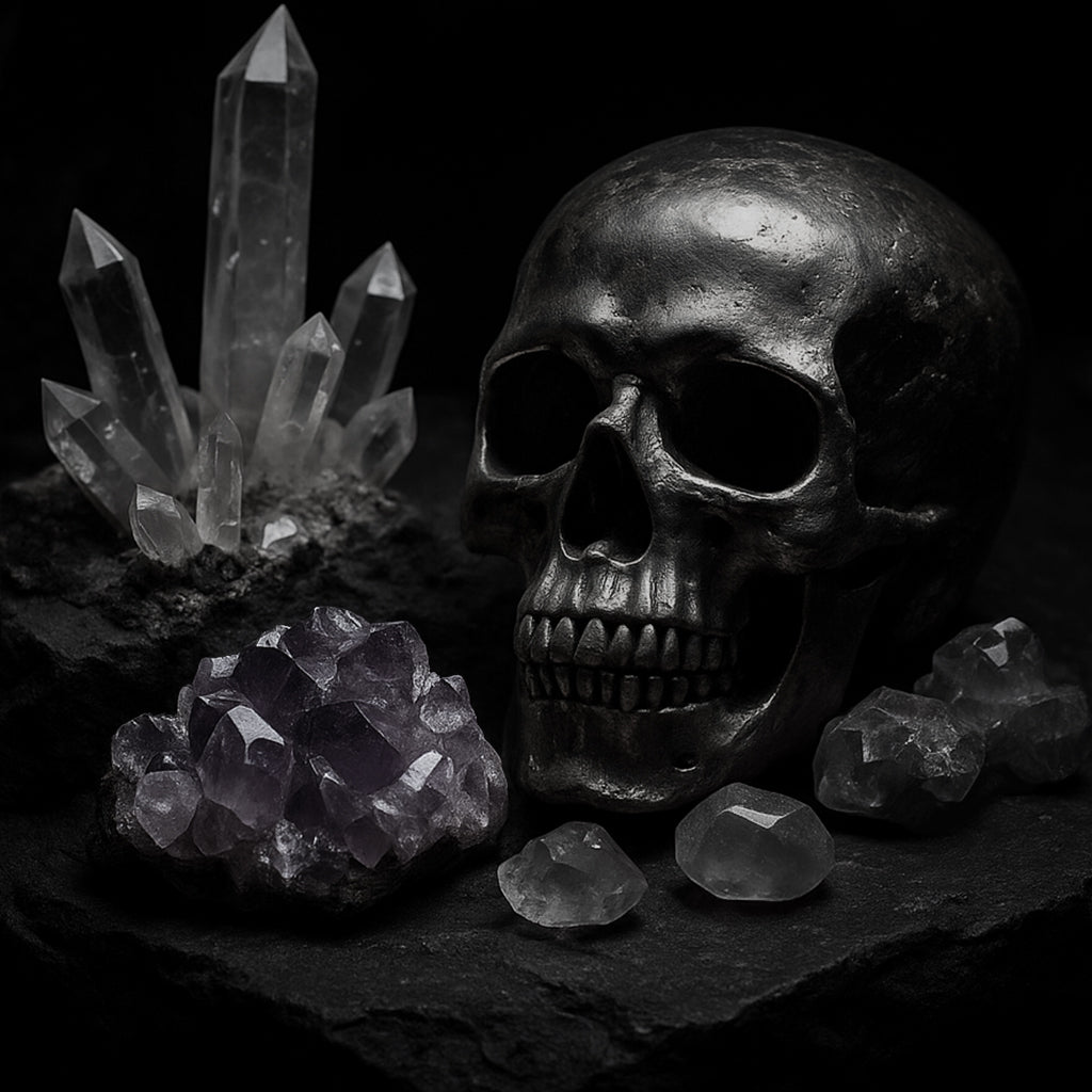 Metallischer Pyrit-Schädel mit Amethyst- und Bergkristallen auf dunklem Felsen – mystische Steine & Kristalle im Nordskulls-Stil, fotorealistisch inszeniert.