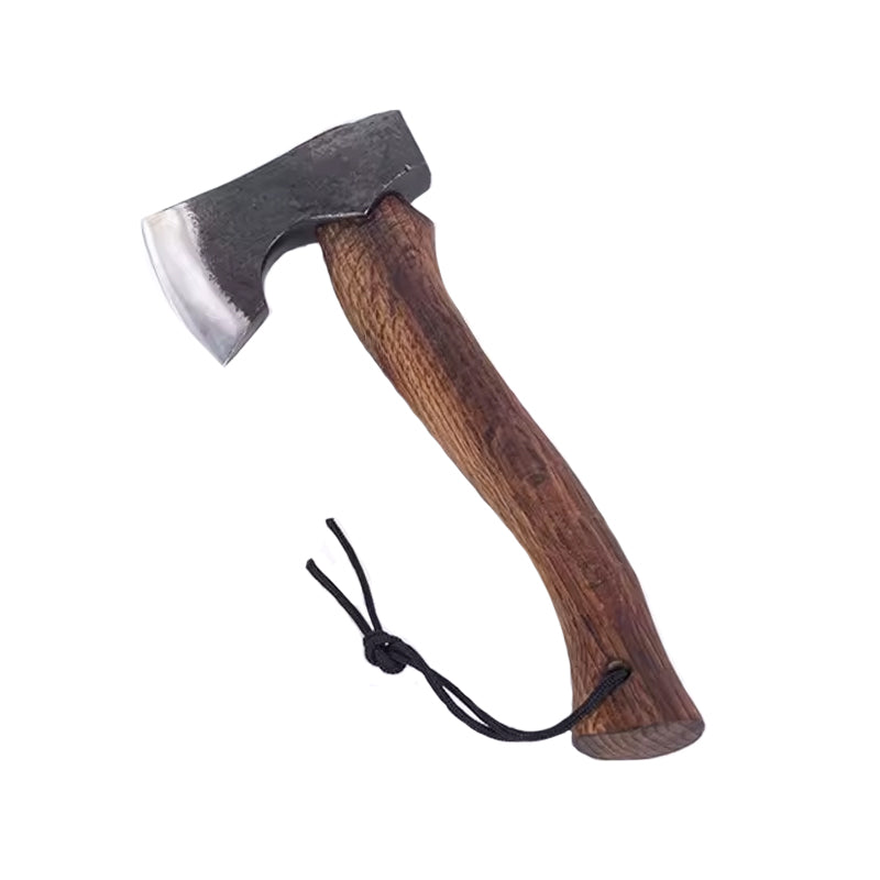 Wikinger-Axt DRAKSLICE – handgeschmiedete Axt mit geschwungenem Holzgriff, seitliche Ansicht