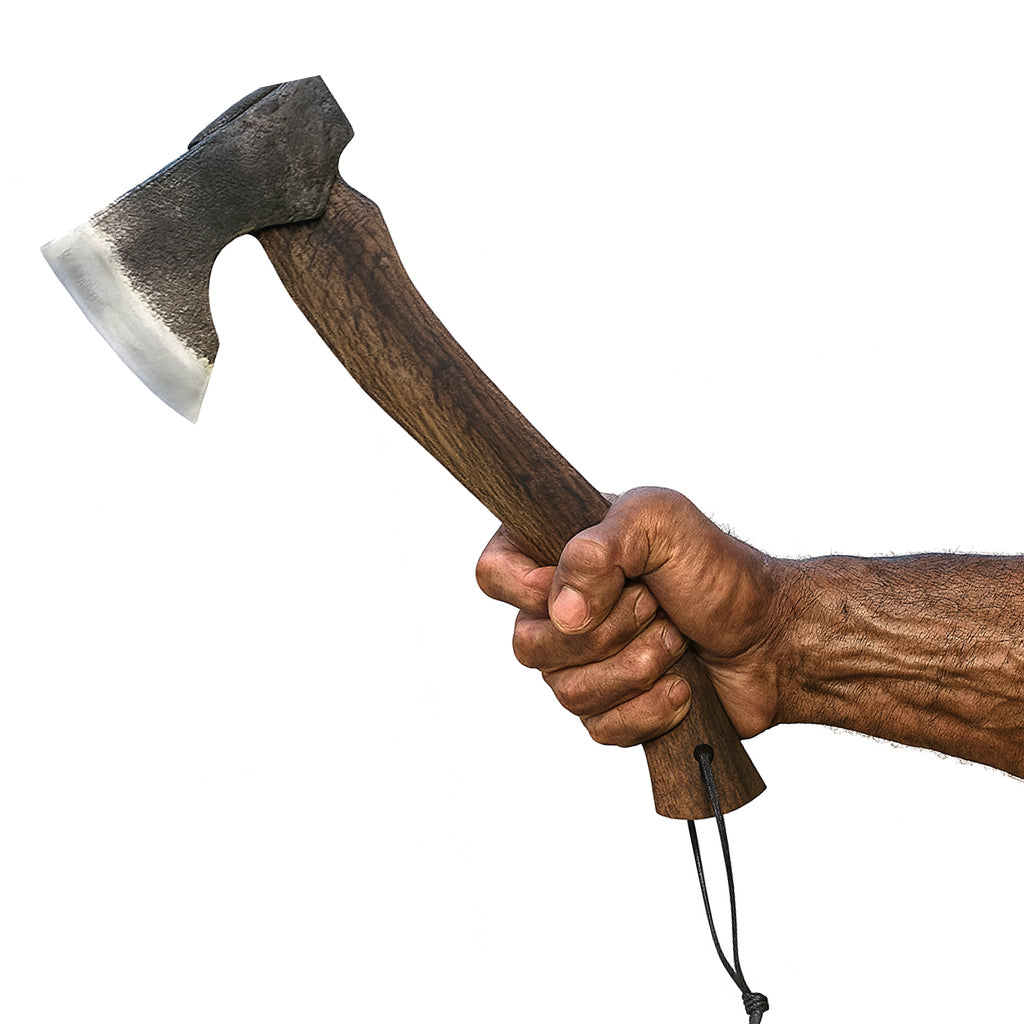 Wikinger-Axt DRAKSLICE in starker Hand präsentiert – nordisches Design mit geschwungenem Holzgriff