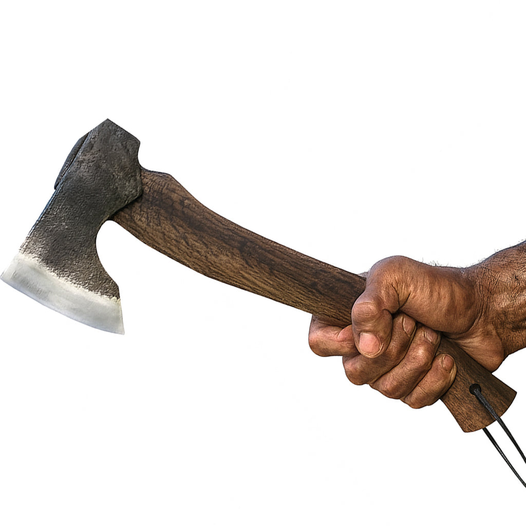 Wikinger-Axt DRAKSLICE mit Holzgriff in kräftiger Hand gehalten – handgeschmiedet und scharf