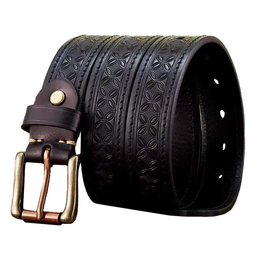 Herren Echtleder-Gürtel in Schwarz aus Rindsleder mit geprägtem Muster und Metallschnalle