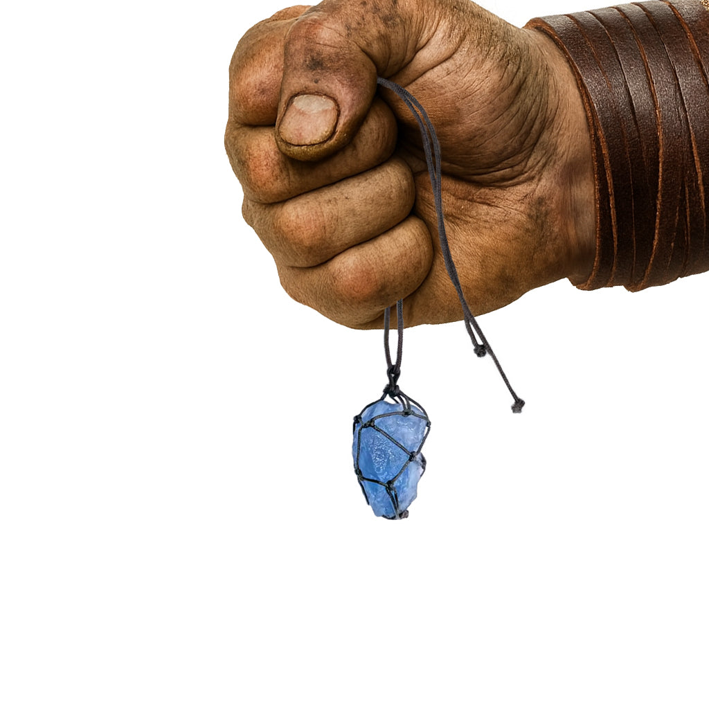 Wikinger hält Fluorit Kristall Halskette in der Faust | Handgefertigter blauer Naturstein Anhänger im nordischen Stil | NORDSKULLS