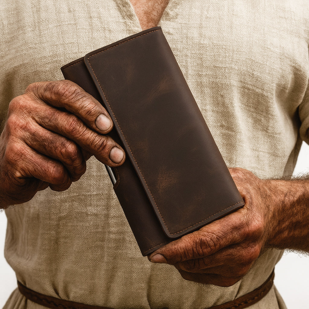 Gürtelclip Geldbörse | FJÄLL-RIND – braune Echtledertasche aus Crazy Horse Leder, gehalten in kräftigen Wikingerhänden mit Tunika