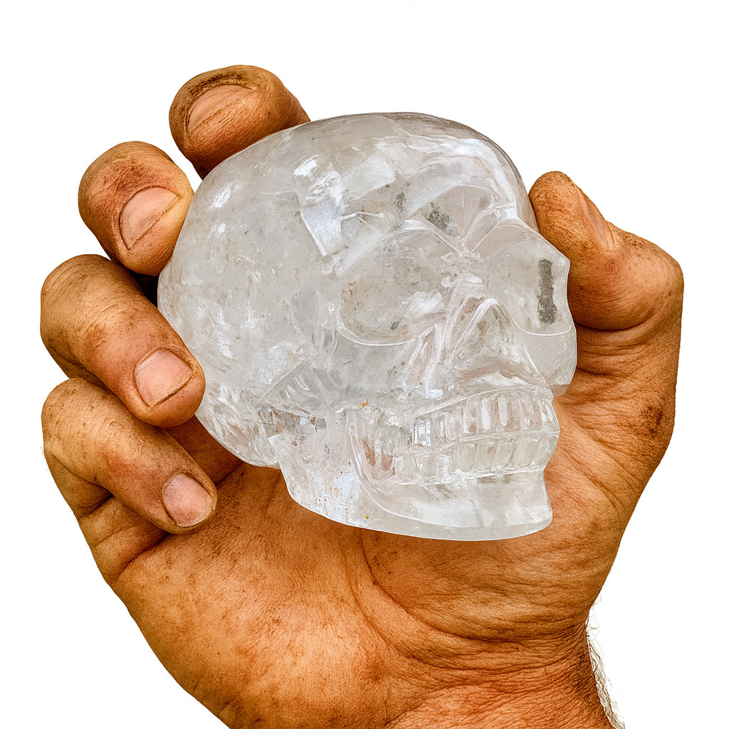 Echter Kristall-Totenkopf aus klarem Bergkristall – gehalten in kräftiger, verschmutzter Männerhand. Handgearbeiteter Kristallschädel, Symbol für Stärke, Klarheit, Energie und nordische Handwerkskunst.