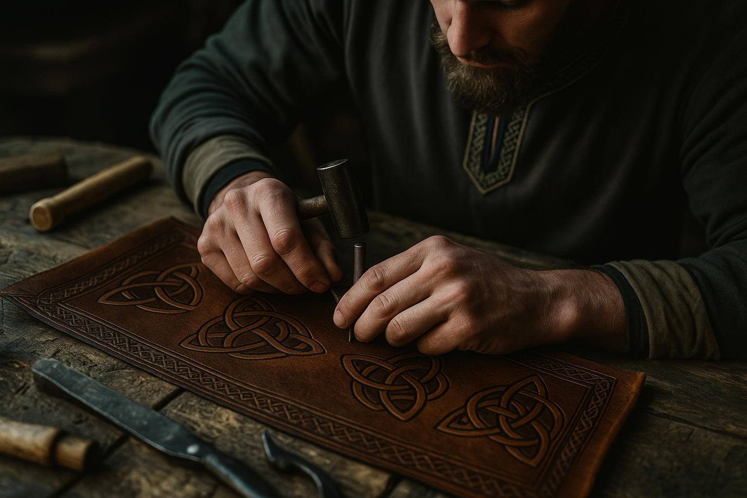 Nordischer Lederhandwerker prägt keltische Muster in braunes Leder – Symbolbild für handgefertigte Lederwaren im Wikingerstil