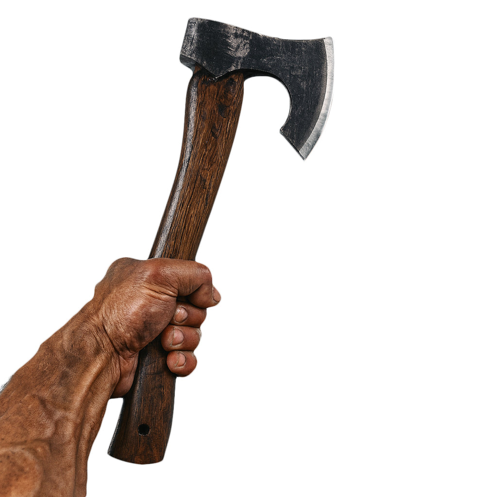 Nordaxt BLODOX – handgeschmiedete Wikinger-Axt mit Holzgriff, in kräftiger Wikinger-Hand, weisser Hintergrund