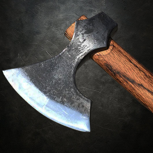 Viking Nord-Axt YXA – dunkle Darstellung mit geschmiedetem Stahlkopf und Holzgriff, rasiermesserscharf geschliffen, inspiriert von echter Wikinger-Handwerkskunst