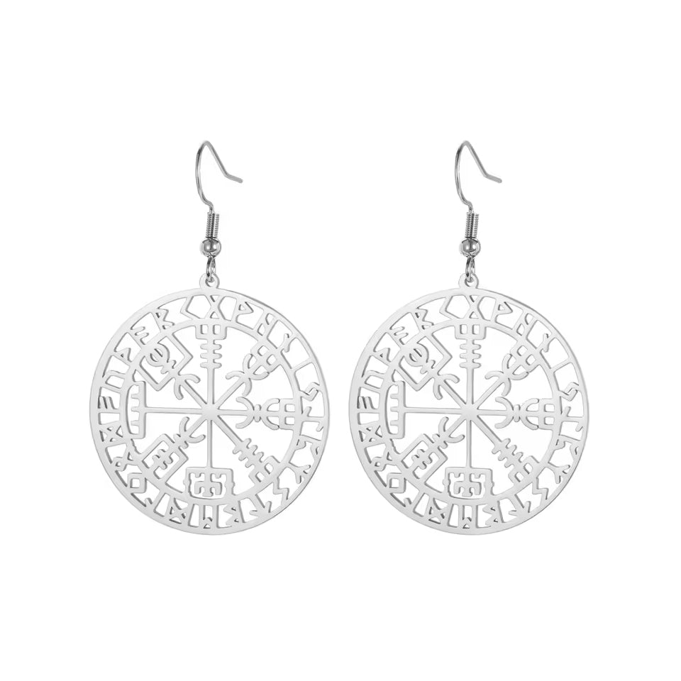 Polierte Edelstahl Vegvisir Runen Ohrringe in Silber, minimalistischer Wikinger Schmuck.