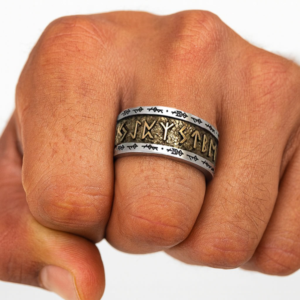 Runen Ring VIKING aus 925 Silber – getragen an einem Finger, massiver Wikinger Silberring mit nordischen Runen, detailreicher Schmuck für Männer