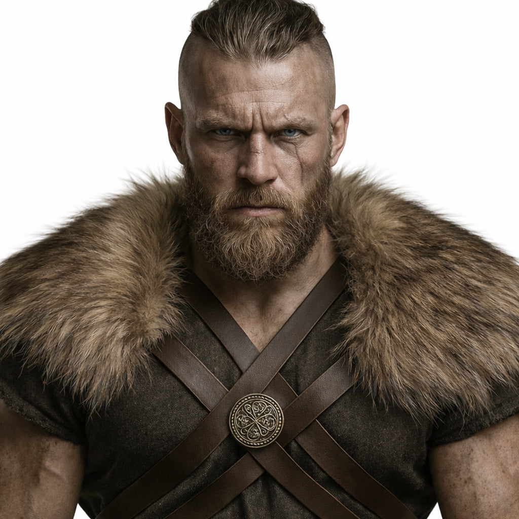 Schulterfell aus Naturfell im Wikinger-Stil – Vorderansicht auf weissem Hintergrund