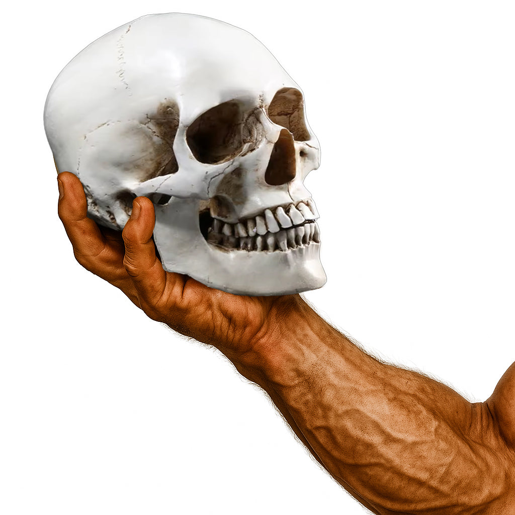 Wikinger Deko Totenschaedel aus Resin – gehalten in einer kraeftigen, adrig-muskuloesen Maennerhand. Lebensgrosse Schaedel-Replik mit realistischer Patina und Knochenstruktur auf weissem Hintergrund.