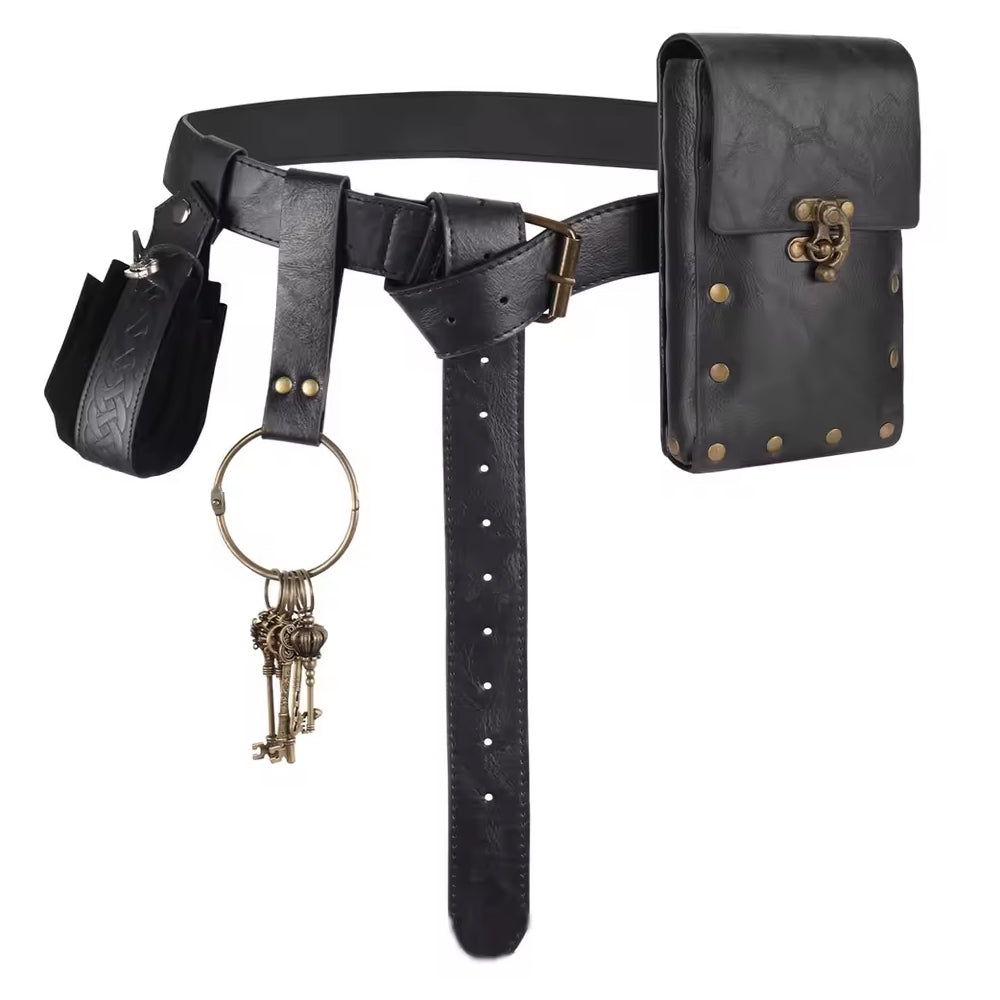 Taillengürtel aus PU-Leder im Mittelalter LARP Stil – schwarzer Gürtel mit Tasche, Beutel und Schlüsselring, inspiriert von Wikinger-Designs im Nordskulls Stil