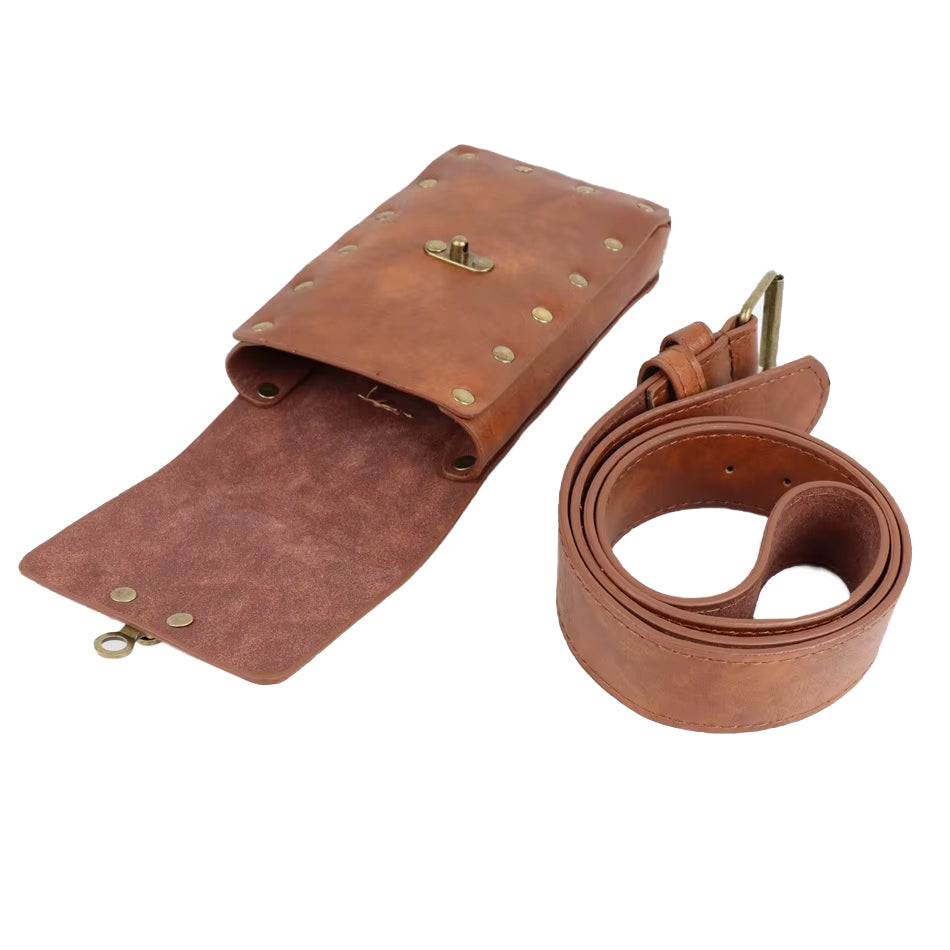Offene Tasche des Mittelalter Taillengürtels aus braunem PU-Leder – LARP Gürtel mit robustem Verschluss und verstellbarem Riemen