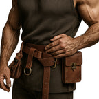 Muskulöser Wikinger im Nordskulls Stil trägt braunen Mittelalter Taillengürtel aus PU-Leder mit Tasche und Beutel – LARP Gürtel mit authentischem Design