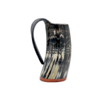 Handgefertigter Wikinger-Trinkhumpen aus echtem Horn mit Griff und Holzsockel