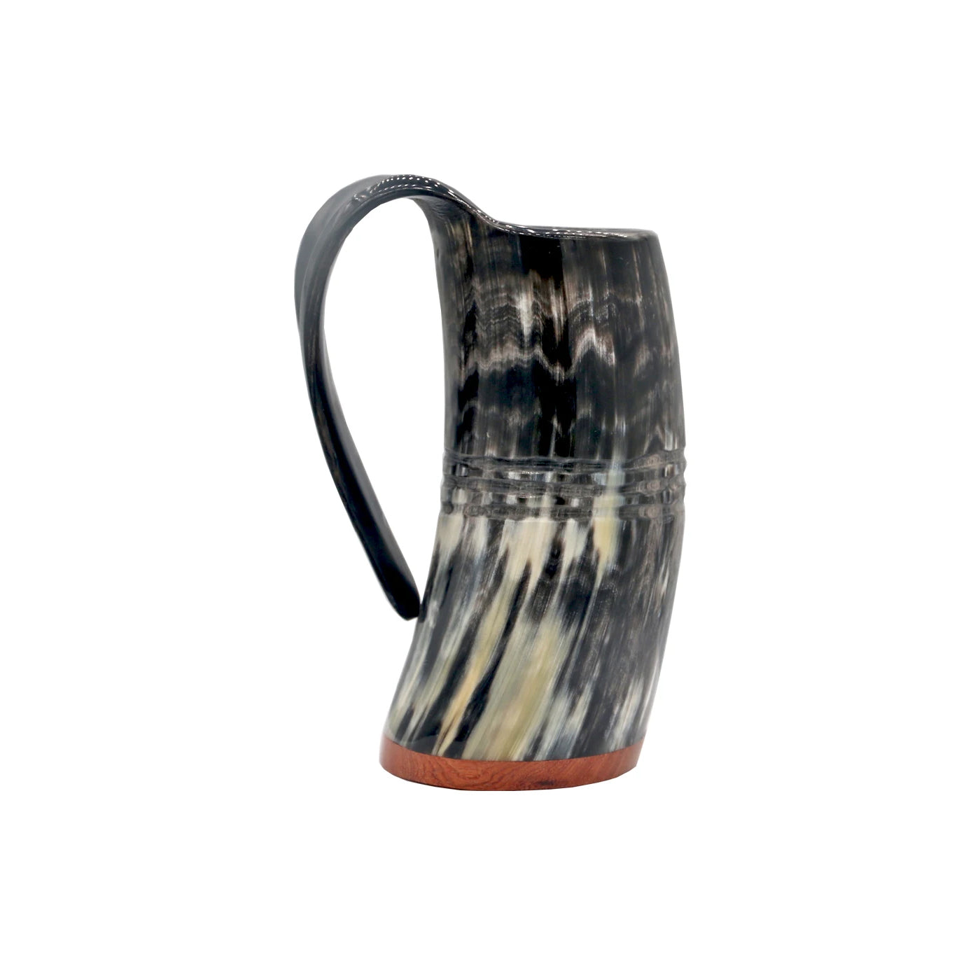 Handgefertigter Wikinger-Trinkhumpen aus echtem Horn mit Griff und Holzsockel