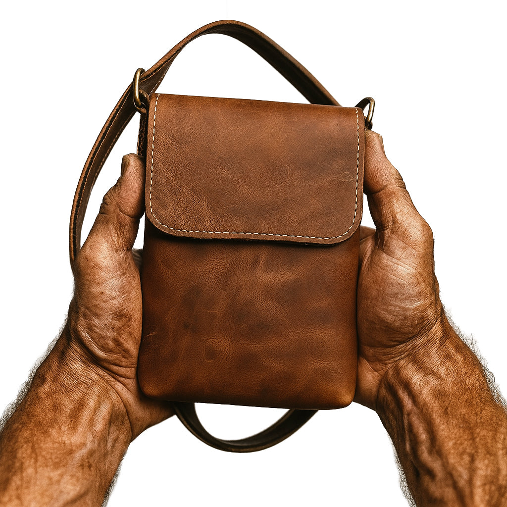Muskulöse, adrig-männliche Wikingerhände halten eine handgefertigte Umhängetasche aus echtem Rindsleder – Modell ODIN in Braun, Nordskulls Stil