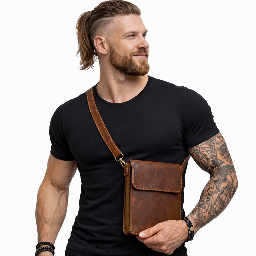 Herren Echtleder Tasche ODIN aus braunem Rindsleder, kompakte Umhängetasche Crossbody getragen, Seitenansicht