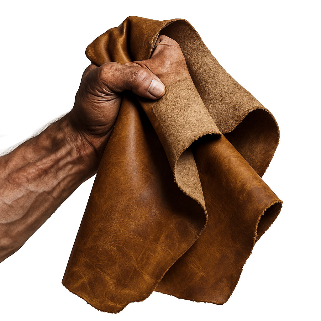 Kräftige, muskulöse Männerhand hält ein Stück naturbelassenes, braunes Echtleder vor reinweißem Hintergrund. Detailaufnahme mit sichtbaren Adern und Struktur – Symbol für nordische Handwerkskraft im NORDSKULLS-Stil.