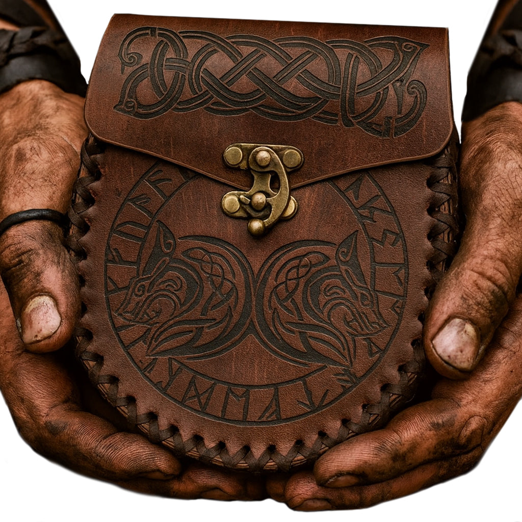 Wikinger Ledertasche FENRIR aus braunem Leder mit keltischen Knoten und Wolfsmotiven, gehalten von starken, schmutzigen Händen im Wikinger-Stil.