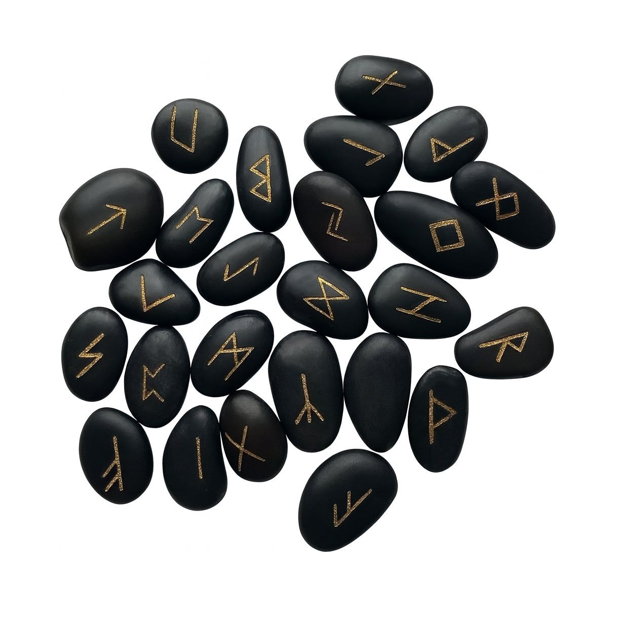 Wikinger Runen-Steine Set – 25 gravierte schwarze Natursteine mit goldenen Symbolen für Wahrsagerei, Rituale und nordische Mystik