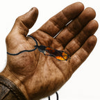 Tigerauge Kristall Anhänger im schwarzen Seil-Wrap in einer starken Wikingerhand, Naturstein Halskette im nordischen Stil