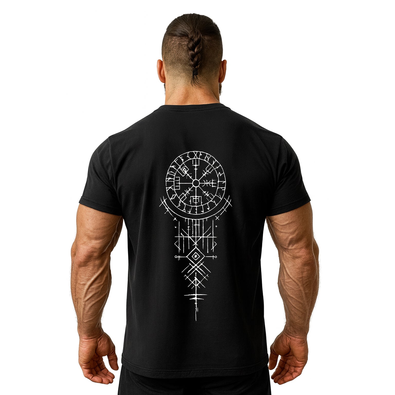 Runen T-Shirt Wikinger Style – Vegvisir Symbol und Runen Muster auf dem Rücken, muskulöses Modell