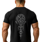 Wikinger T-Shirt RUNEN schwarz – Rückseite mit großem Vegvisir Runen Design und mystischem Wikinger Ornament