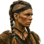 Wikinger-Kriegerin mit geflochtenen Haaren und Leder-Haarband SKULL – schwarze Lederbänder mit silbernen Totenkopf-Perlen, authentischer Nordic-Warrior-Look