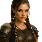 Wikingerin mit Leder-Haarband SKULLS – geflochtene Zöpfe mit schwarzen Lederbändern und silbernen Totenkopf-Perlen, nordisches Kriegerin-Outfit mit Lederrüstung