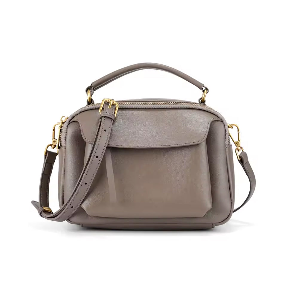 Graue Echtleder Handtasche Damen aus Rindsleder, kompakte Frontansicht