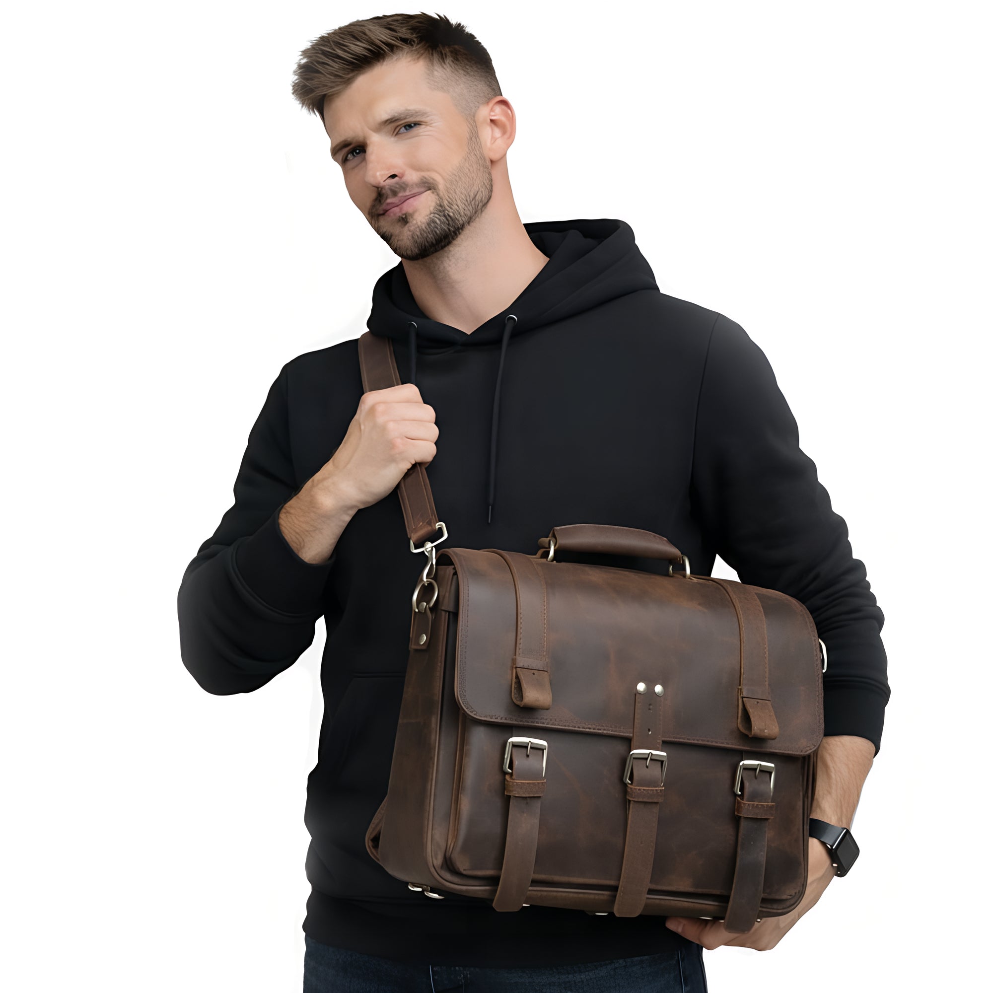 Echtleder Tasche Herren HAKON getragen am Model mit Schultergurt aus echtem Rindsleder
