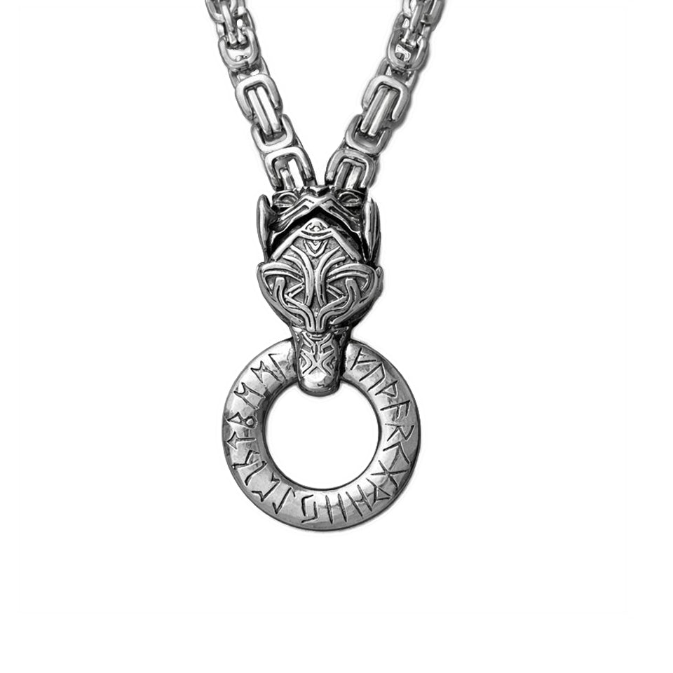 Wikinger Halskette Fenris aus Edelstahl mit Wolfskopf und Runenring